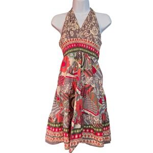 Crown of Hearts Womens Medium Cotton Halter Dress Boho Peacock Floral Tiered Red